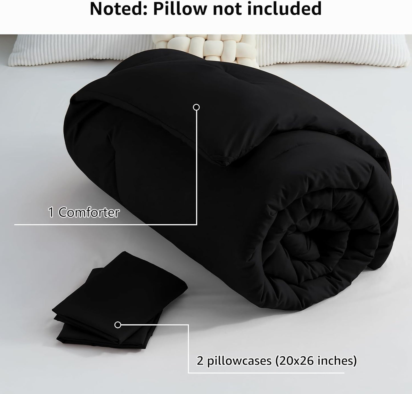 Queen Comforter Set Black, 3 Pieces Solid Queen Comforter Breathable Quilted Style Bedding Sets, Luxury Soft Microfiber down Alternative Comforter for All Season (1 Comforter & 2 Pillowcases)