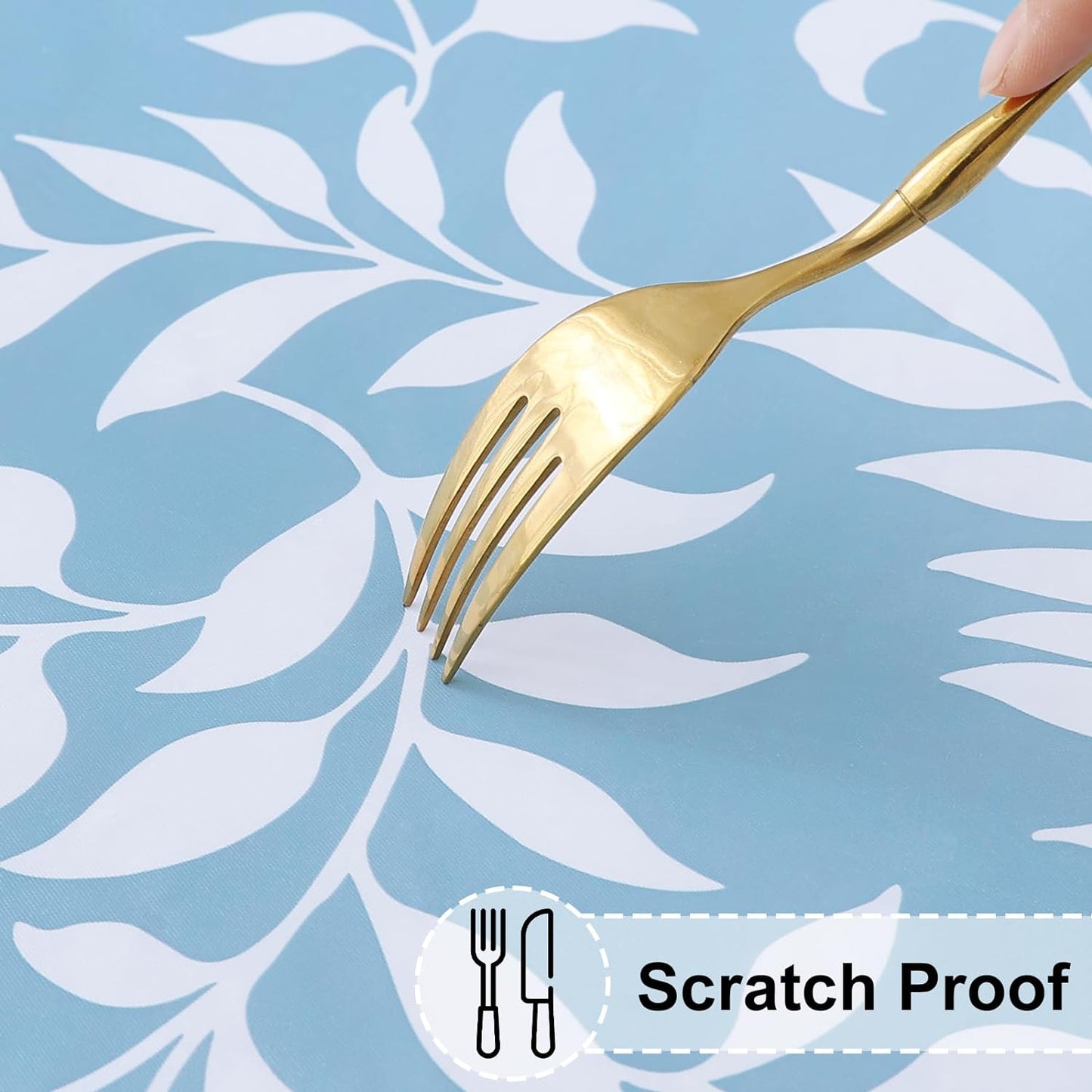 round Fitted Tablecloth with Elastic Edge, 100% Waterproof Oil Proof Plastic Table Cover, Vinyl Flannel Backed Tablecloth Fits 36"-44" round Tables for Dinner, Outdoor, Picnic, Blue Leaves