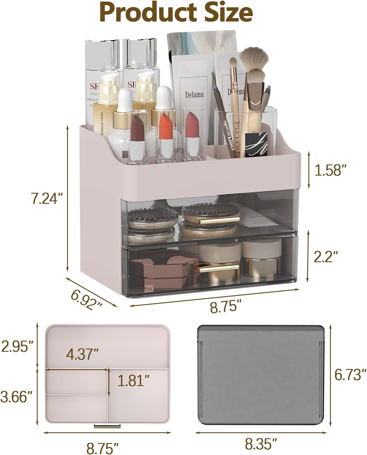 Makeup Organizer Countertop, 3-Tier Large Capacity Bathroom Counter Organizer with 2 Clear Drawers for Easy Access, Ideal for Makeup, Skincare, Lipsticks, Office Supplies, Present, Etc, Pink