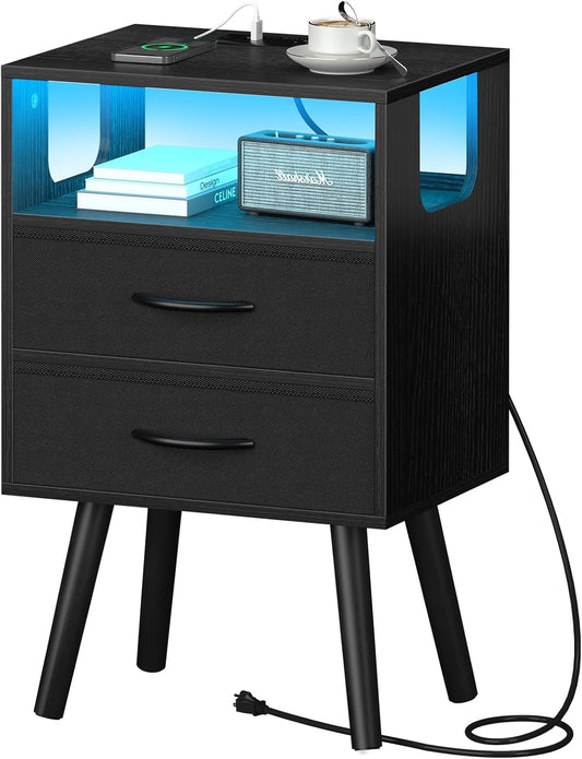LED Night Stand with Charger Station, Mid Century Modern Nightstand with Fabric Drawers, Bedside Table Nightstands with Storage Shelf, Bed Side Table Small Night Stands for Bedroom Living Room
