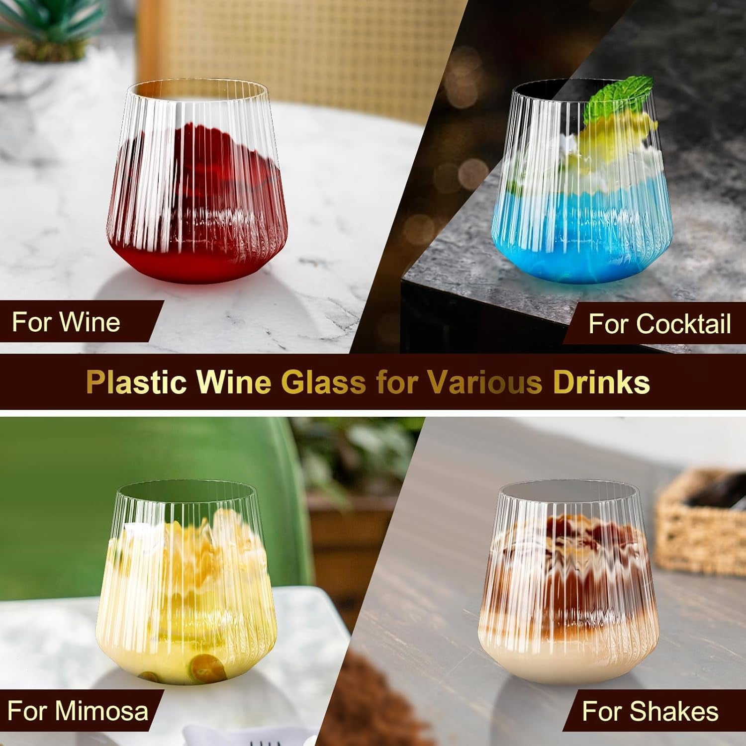 40 Pack Plastic Ribbed Wine Glasses, 14Oz Origami Disposable Wine Glasses Unbreakable Clear Plastic Cocktail Glasses Recyclable Shatterproof Reusable Wine Cups (NOT Dishwasher-Safe)