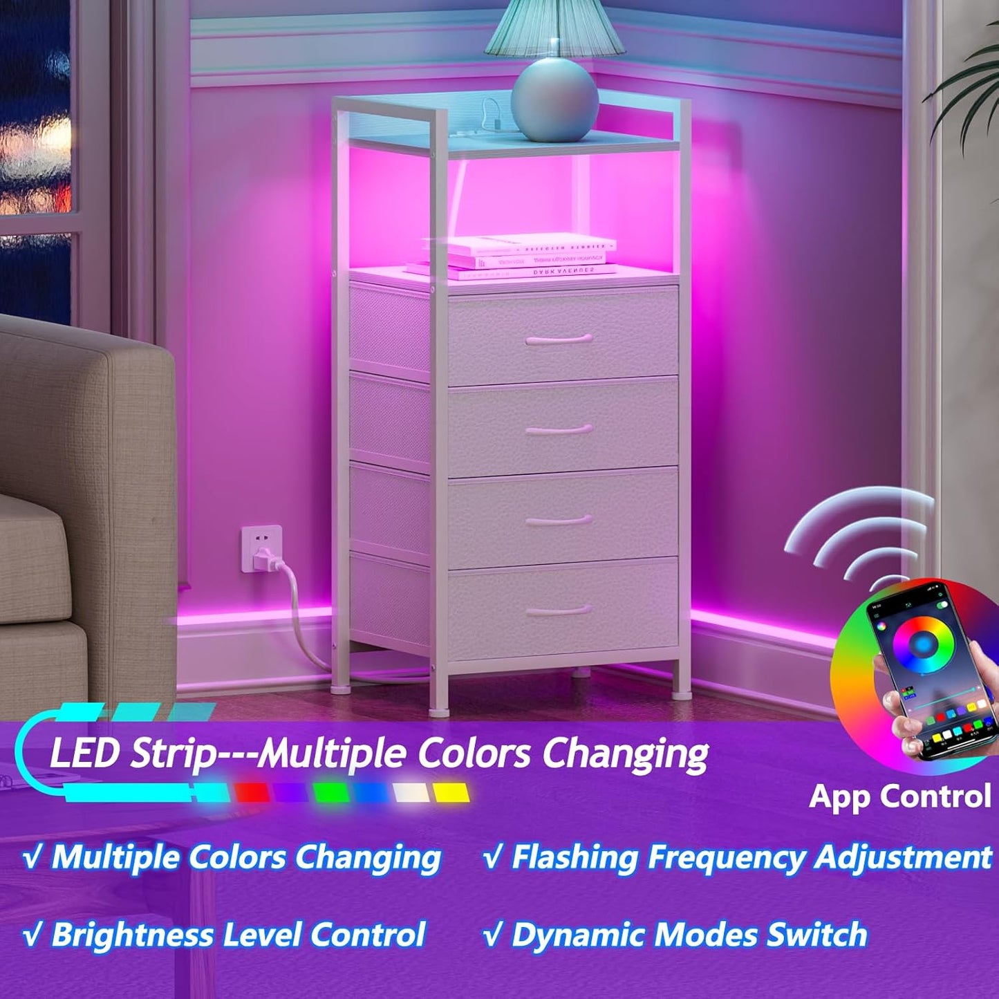 White Nightstand with Charging Station and LED Light, Tall Bedroom Dresser with 4 Fabric Storage Drawers, Metal Frame and Wood Shelf