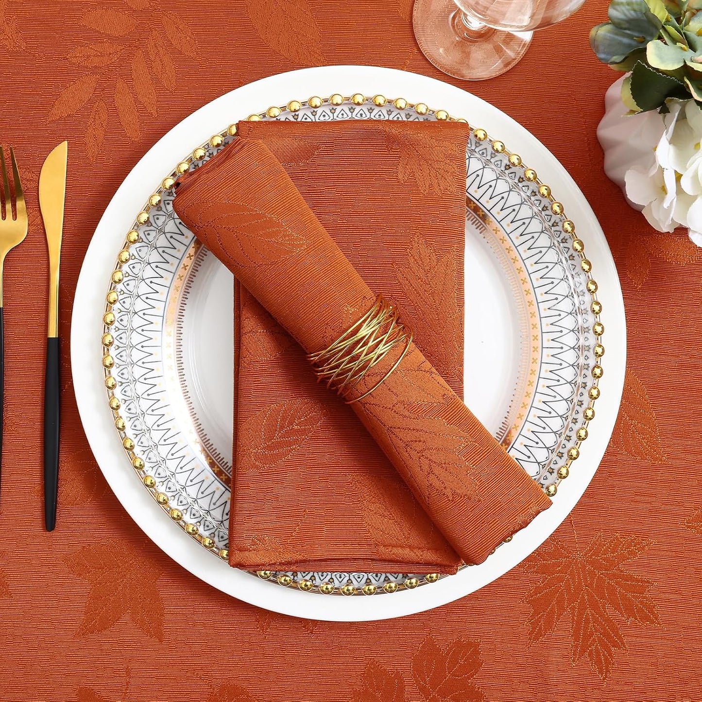 Thanksgiving Napkins Set of 4, 18X18 Inch Waterproof Fabric Fall Napkins, Autumn Leaves Damask Napkins for Harvest Parties, and Holiday Dinner, Rust