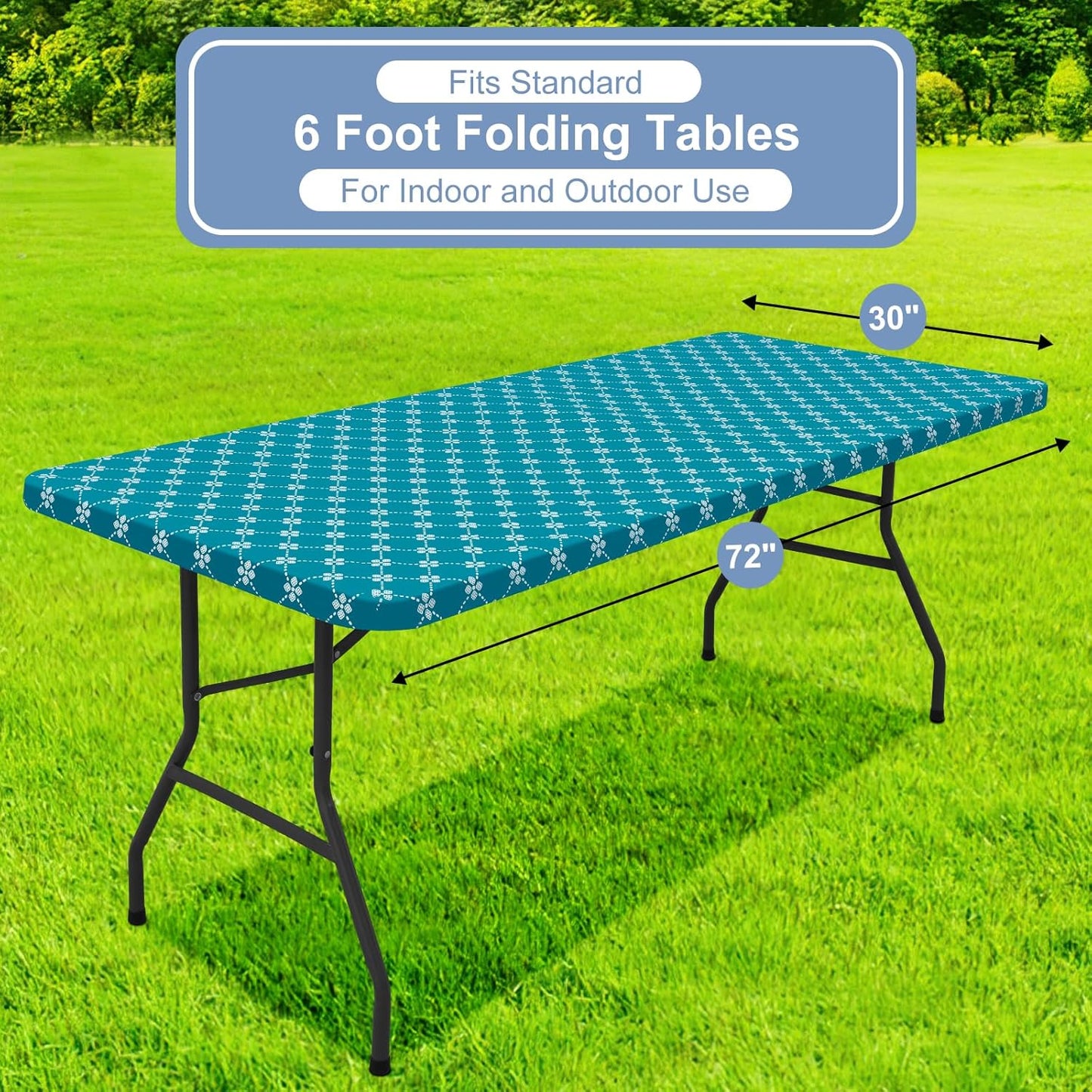 Rectangle Vinyl Table Cloth, Elastic Fitted Tablecloth with Flannel Backing, Waterproof Plastic Table Cover Fits 6 Foot Folding Tables for Camping, Indoor and Outdoor (Teal, 30" X 72")