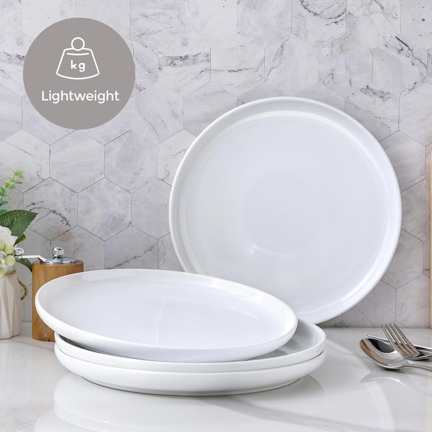 12-Piece Ceramic Dinnerware Set, Stoneware Plates and Bowls, Dishwasher and Microwave Safe, Service for 4 - White