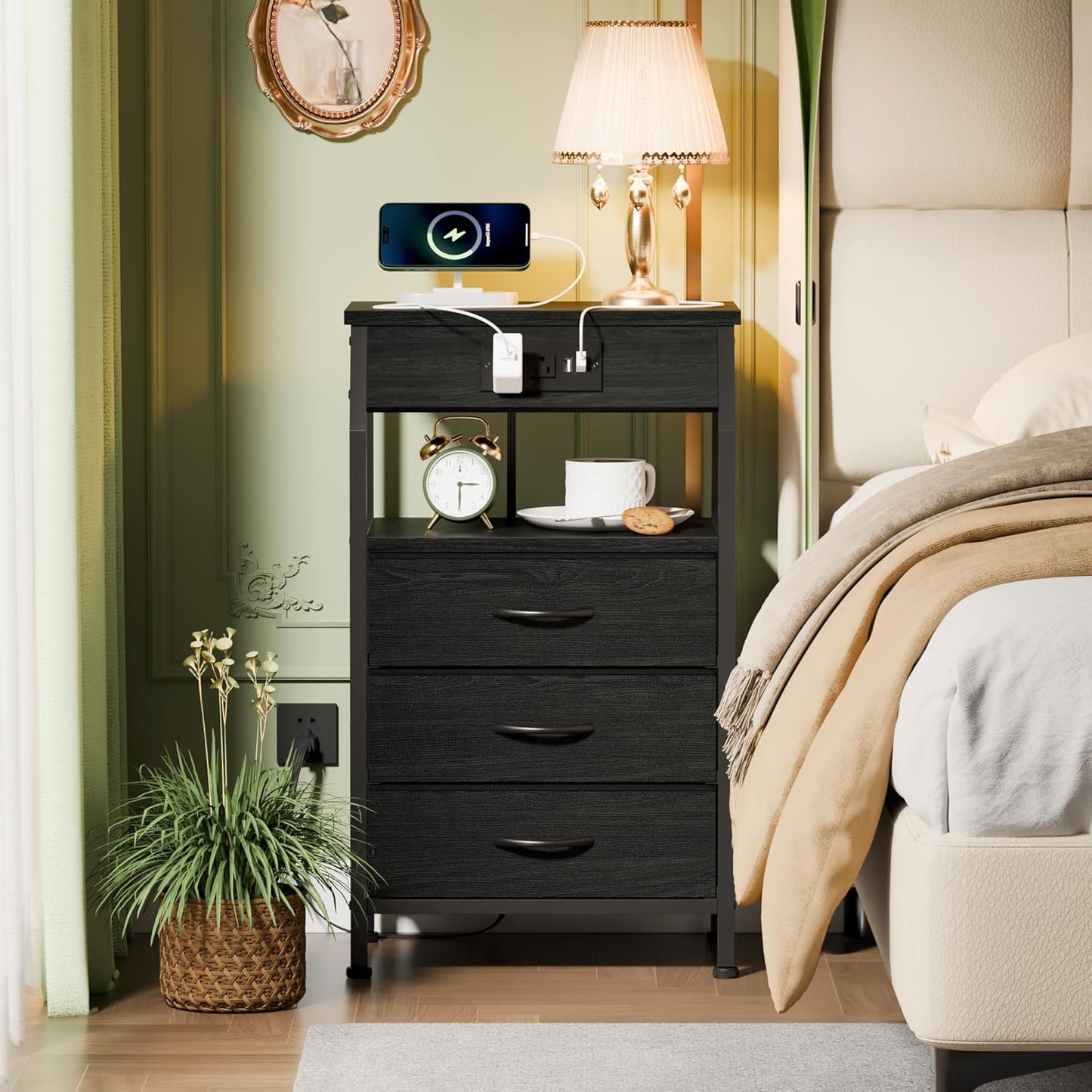 Black Oak Night Stand with Charging Station - 28.3 Inch Tall Side Table Featuring Fabric Drawers, Storage Shelf, USB Ports, and Outlets for Versatile Bedroom Use