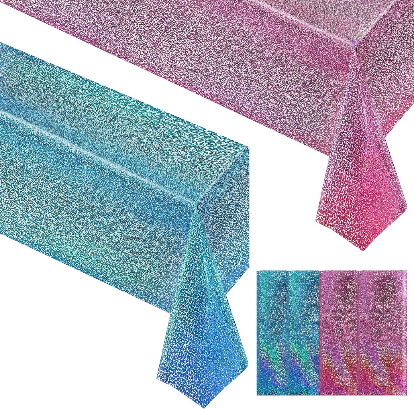 4-Pack Pink and Blue Holographic Laser Tablecloths - Iridescent Foil Rectangle Covers 40" x 108" for Baby Showers, Undersea Ocean Birthday Parties, and Wedding Celebrations