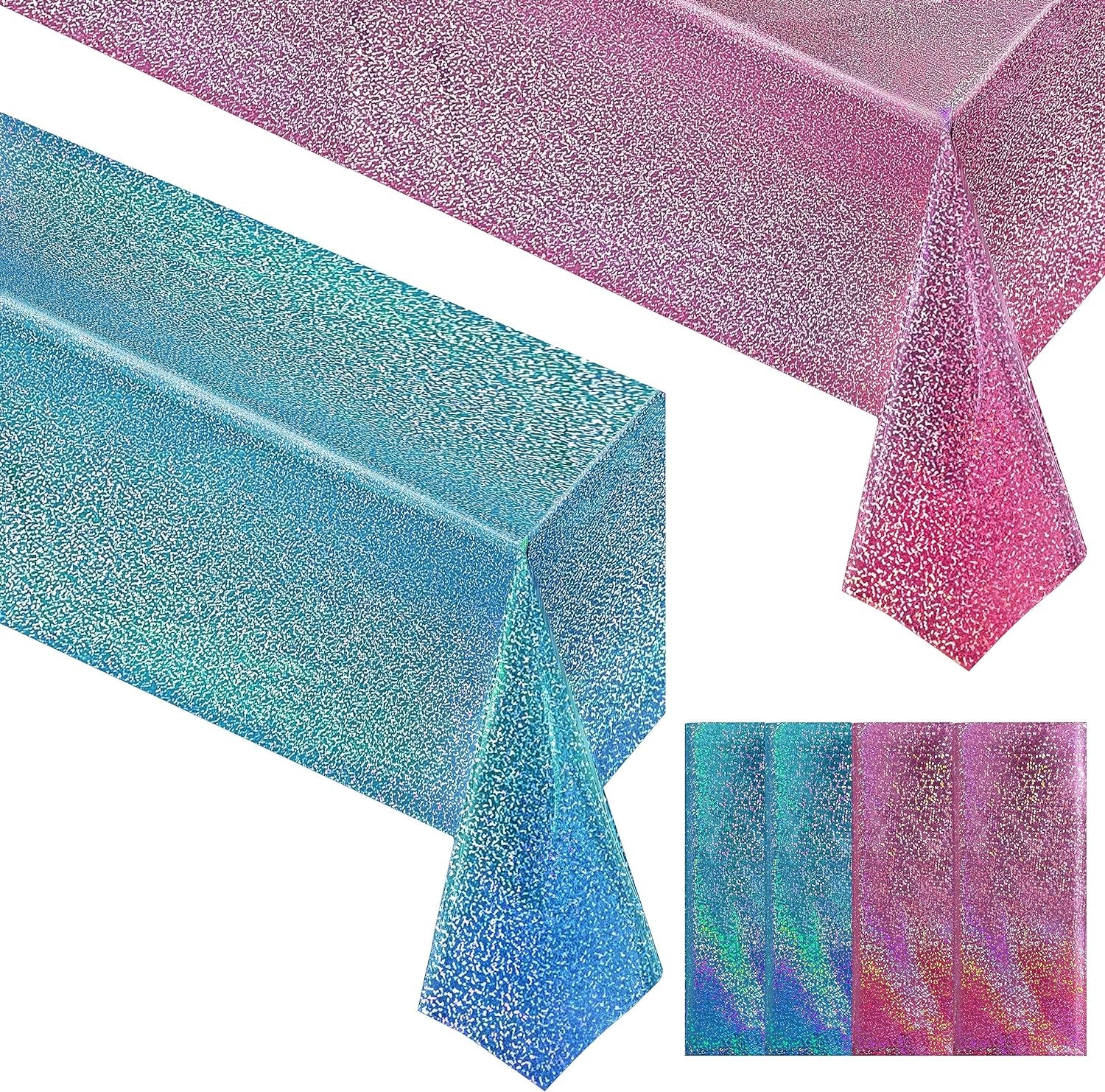 4-Pack Pink and Blue Holographic Laser Tablecloths - Iridescent Foil Rectangle Covers 40" x 108" for Baby Showers, Undersea Ocean Birthday Parties, and Wedding Celebrations