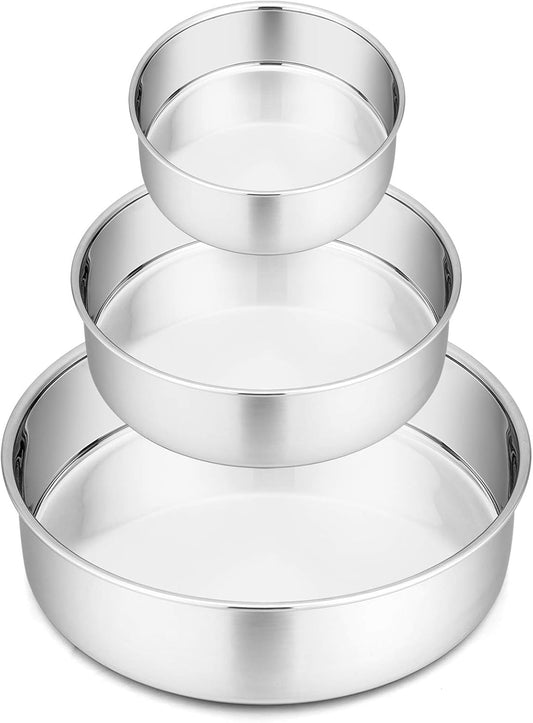 Cake Pan Set of 3, 4" + 6" + 8" round Baking Layer Tier Cake Pans Tins, Stainless Steel Bakeware for Birthday Weeding, Heavy Duty & Non Toxic, Mirror Finish & Dishwasher Safe