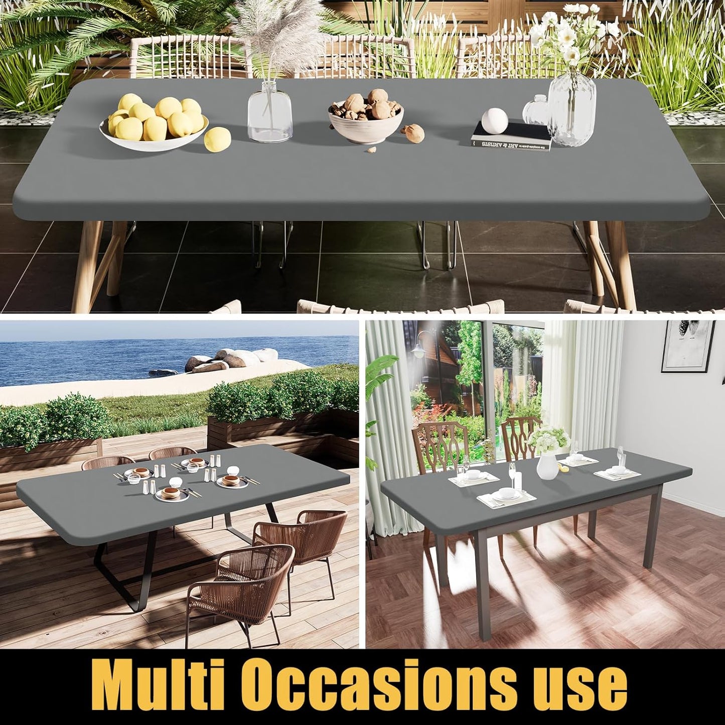 Elastic Fitted Vinyl Tablecloth with Flannel Backing for 6ft Folding Tables, Waterproof and Wipeable, Ideal for Indoor and Outdoor Use (Grey, 30" x 72")