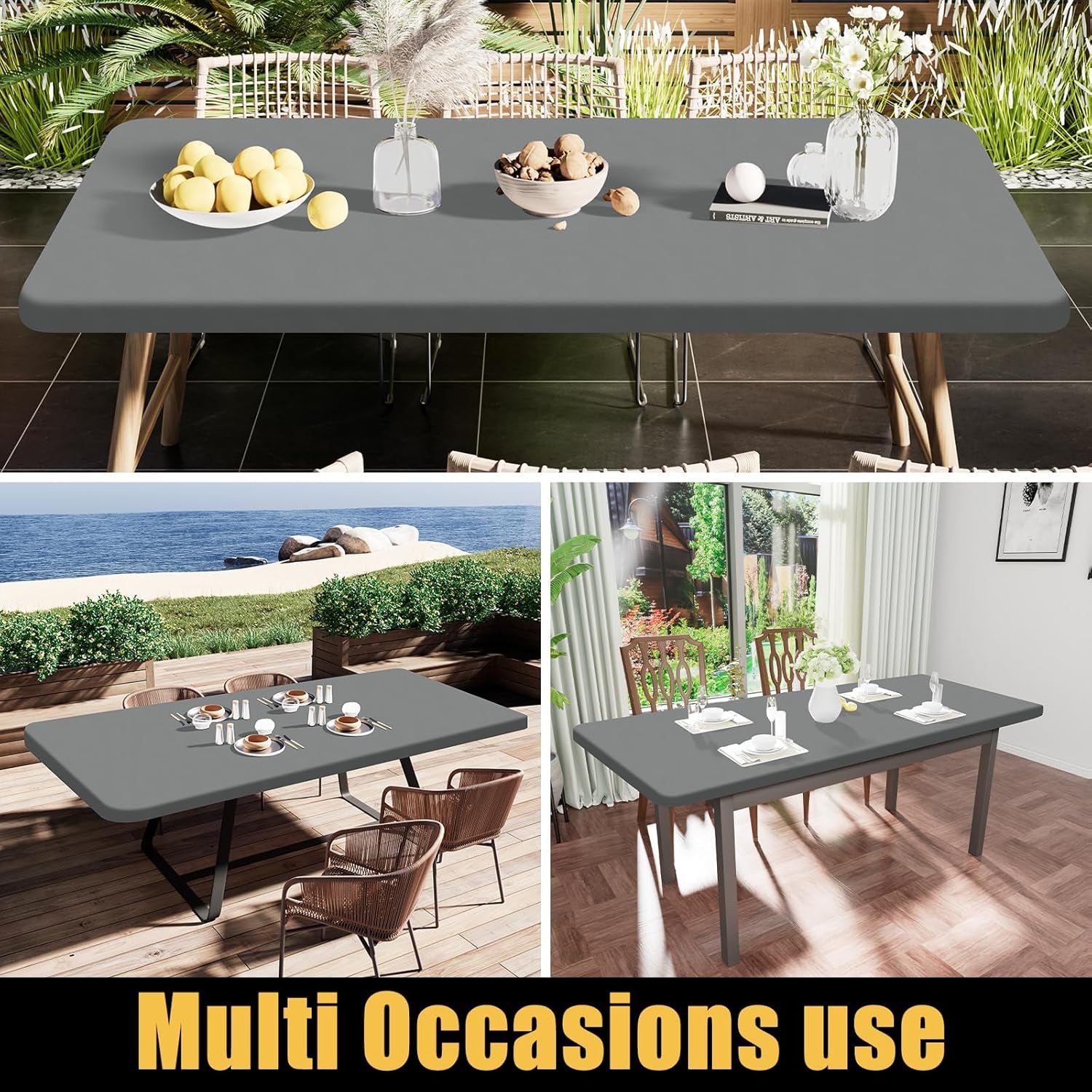 Elastic Fitted Vinyl Tablecloth with Flannel Backing for 6ft Folding Tables, Waterproof and Wipeable, Ideal for Indoor and Outdoor Use (Grey, 30" x 72")