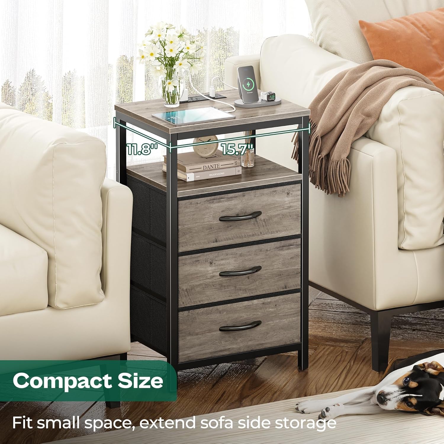 27.6-Inch Nightstand with Charging Station, End Table Featuring USB Ports and Outlets, Bedroom Night Stand with Fabric Drawers in Oak Finish