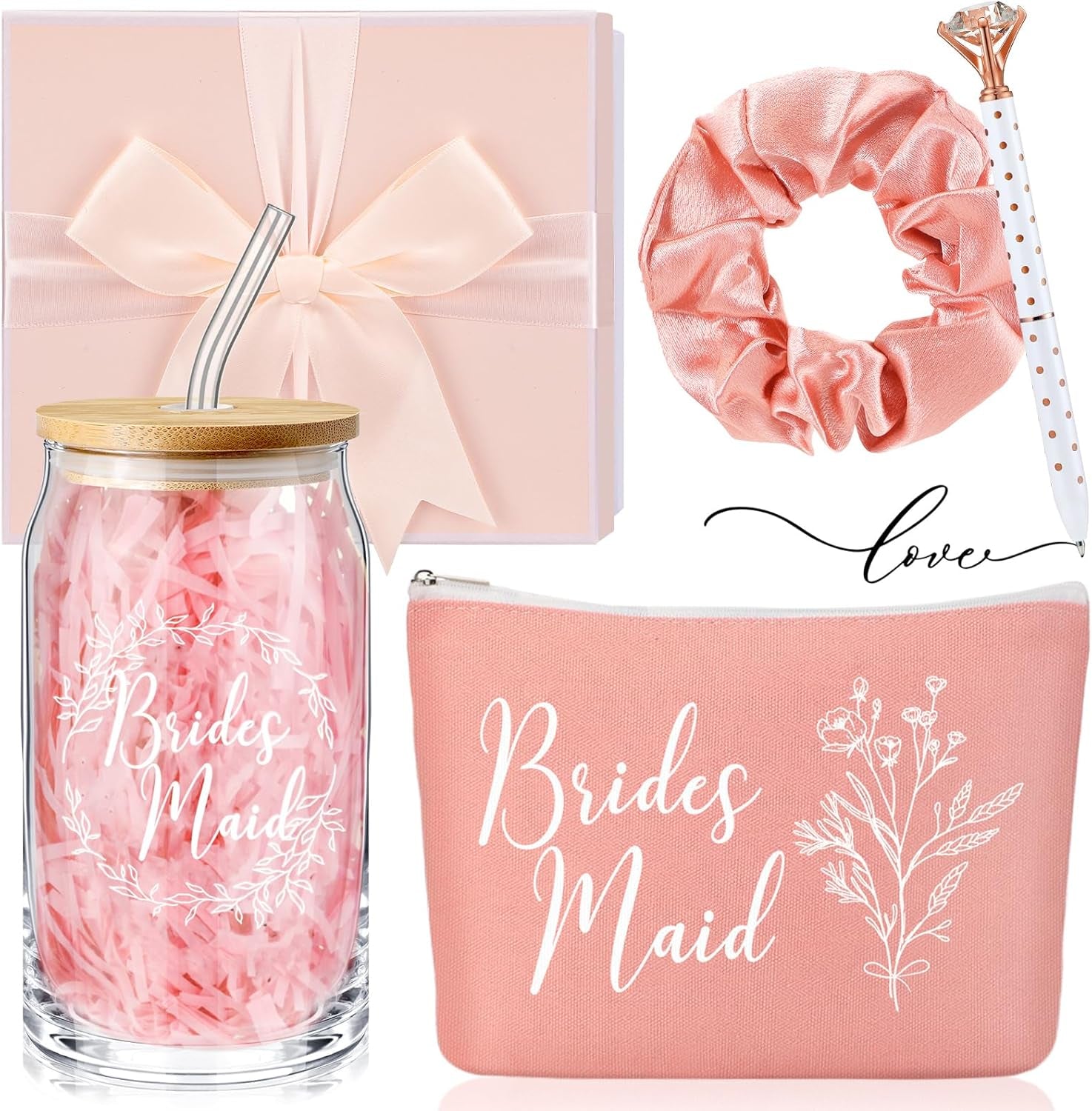 Bridesmaid Gift Box Set of 5 - Includes Glass Cups with Lids, Makeup Bags, Scrunchies, Hair Ties, and Diamond Ballpoint Pens for Wedding Party Favors (Rose Pink)
