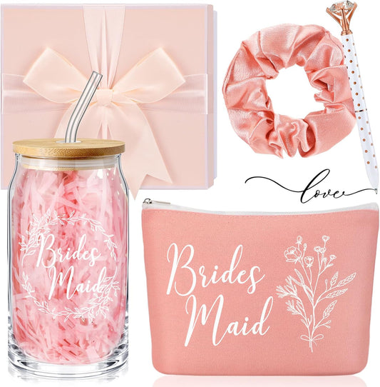Bridesmaid Gift Box Set of 5 - Includes Glass Cups with Lids, Makeup Bags, Scrunchies, Hair Ties, and Diamond Ballpoint Pens for Wedding Party Favors (Rose Pink)