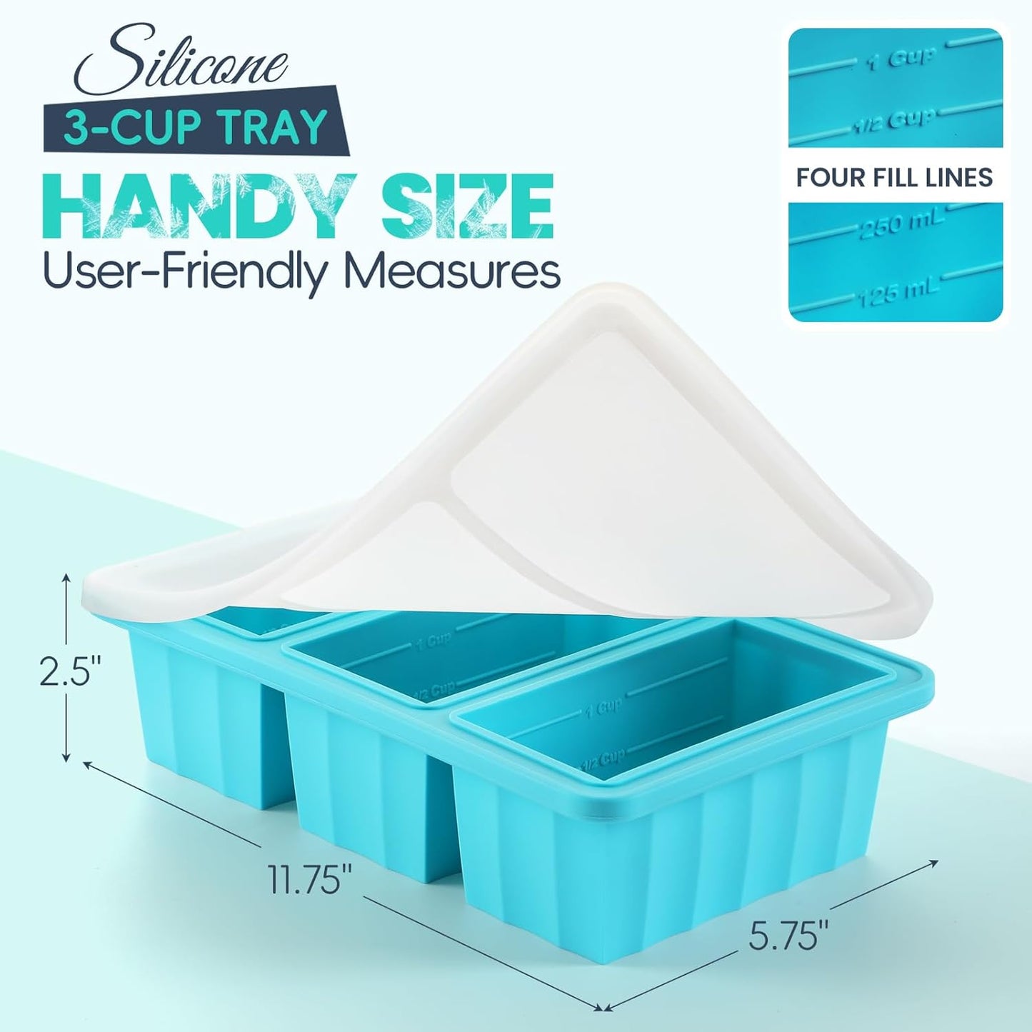 1-Cup Silicone Freezer Tray with Lid - Soup Food Cube Molds, Large Ice Cube Tray, Easy Meal Prep Kitchen Storage Container, Freeze Store Soup Block, Sauce, Broth, Leftovers - 3 Pack