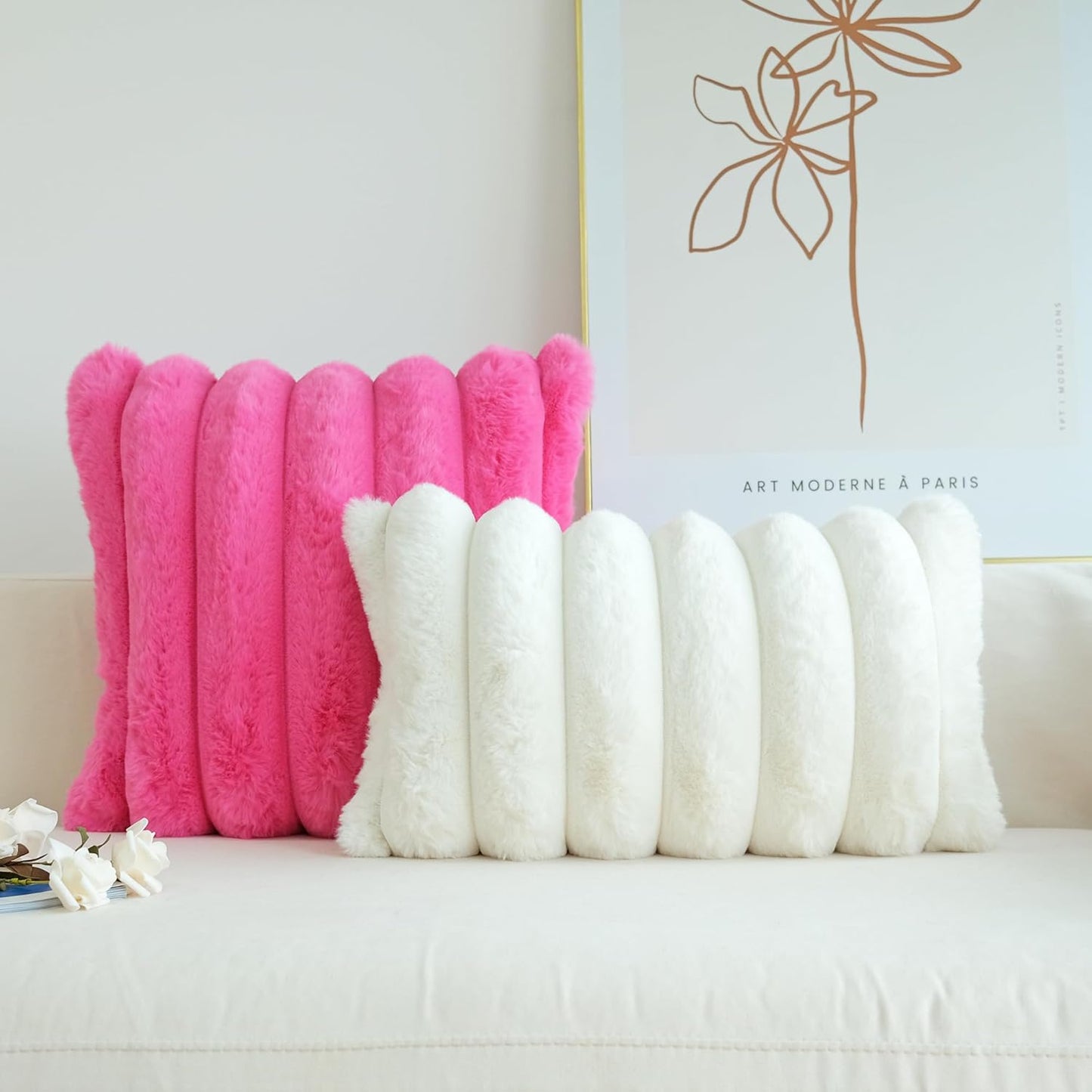 Pack of 2 Faux Fur Plush Decorative Throw Pillow Covers Couch Cushion Case Soft Fluffy Pillowcases Wide Stripe (Hot Pink, 16 X 16 Inch)