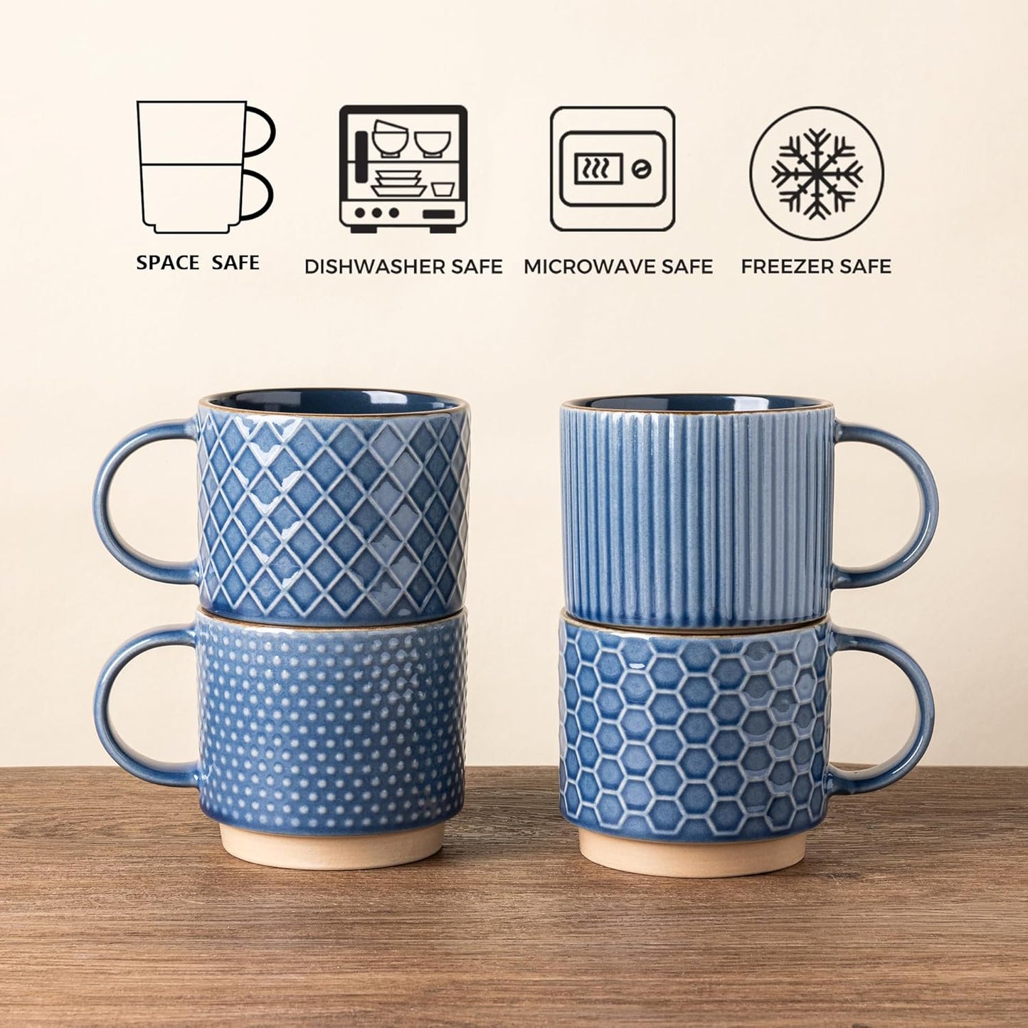 Stackable 12 OZ Ceramic Coffee Mugs Set of 4 with Textured Patterns, Dishwasher and Microwave Safe, Ideal for Lattes, Cappuccinos, and Cocoa