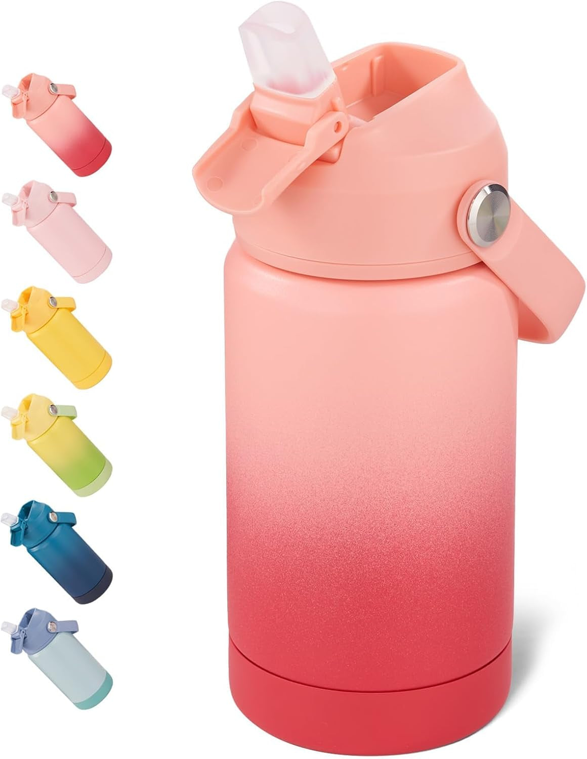 12 Oz Water Bottle, Kids Water Bottles for School, Toddler Cup with Straw & Handle, 304 Stainless Steel Insulated Water Bottle, Non-Slip Silicone Base, BPA Free, Gradient Red