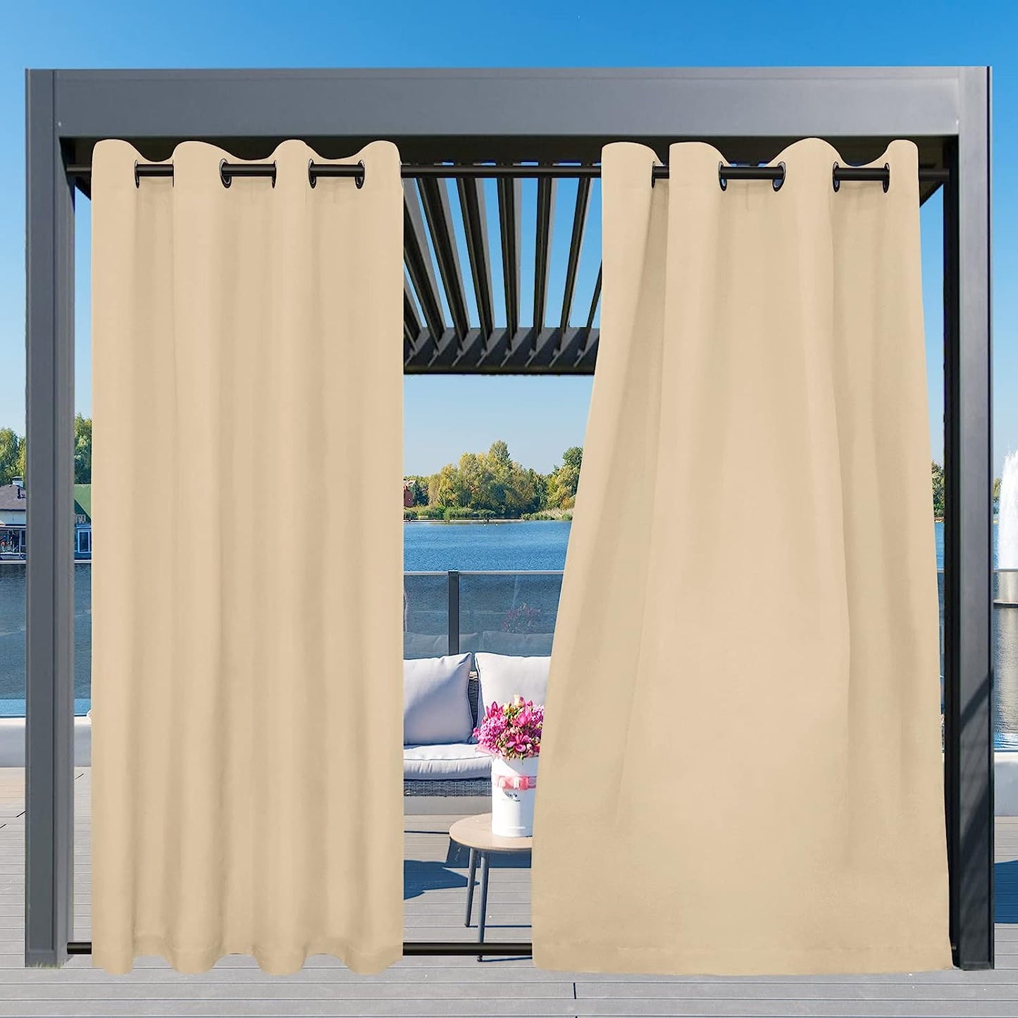 Outdoor Curtains Waterproof Windproof Weatherproof Curtain for Patio, Cabana, Porch, Pergola and Gazebo, Grommet Top and Tab Bottom Drape, 1Panel, 54X84 Inch, Beige