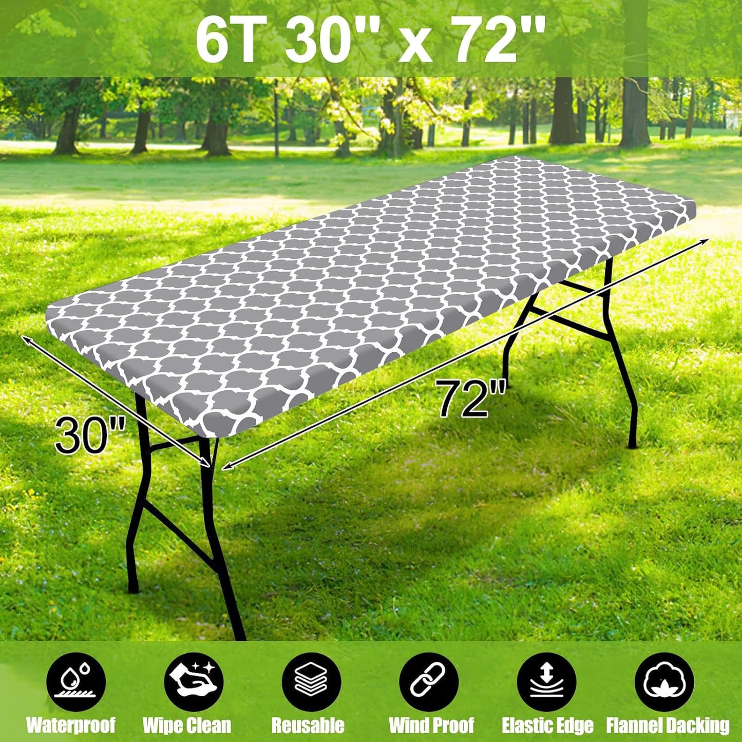 Waterproof Elastic Fitted Rectangle Picnic Table Cover for 6-Foot Tables, Wipeable Flannel-Backed Vinyl Protector for Indoor and Outdoor Use (Grey, 30 x 72 Inches)
