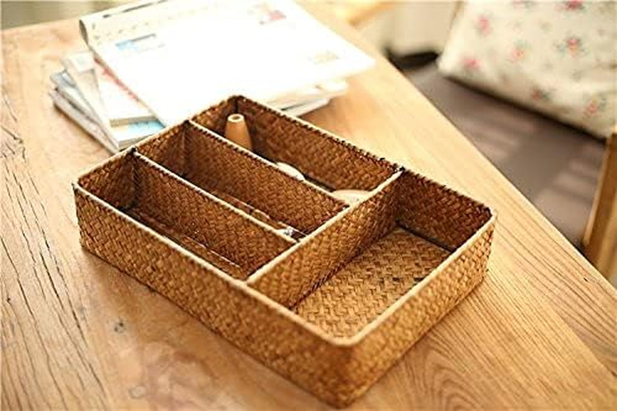 Seagrass Storage Basket with Compartments Utensil Tray for Organization Silverware Flatware Rectangular Shelf Baskets with 4 Sections Natural