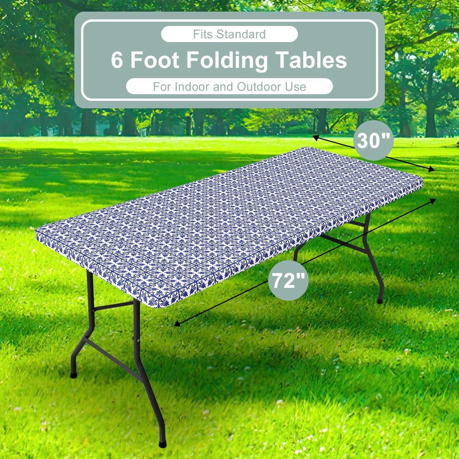 2 Pack 6 Foot Rectangle Picnic Tablecloth, Elastic Fitted Waterproof Table Cover, Windproof Washable Polyester Table Cloth for Camping, Indoor and Outdoor (Blue, 30" X 72")