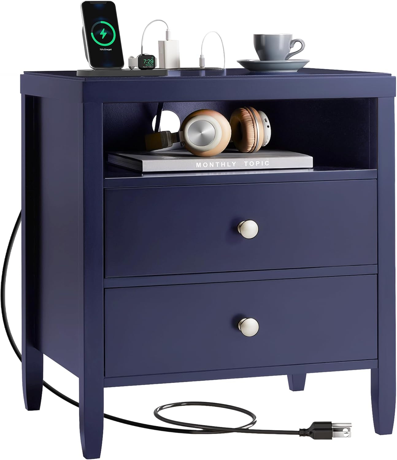 Modern Blue Nightstand with Charging Station and Two Drawers, Stylish Bedside Table for Bedroom Storage with Metal Knobs and Painted Finish