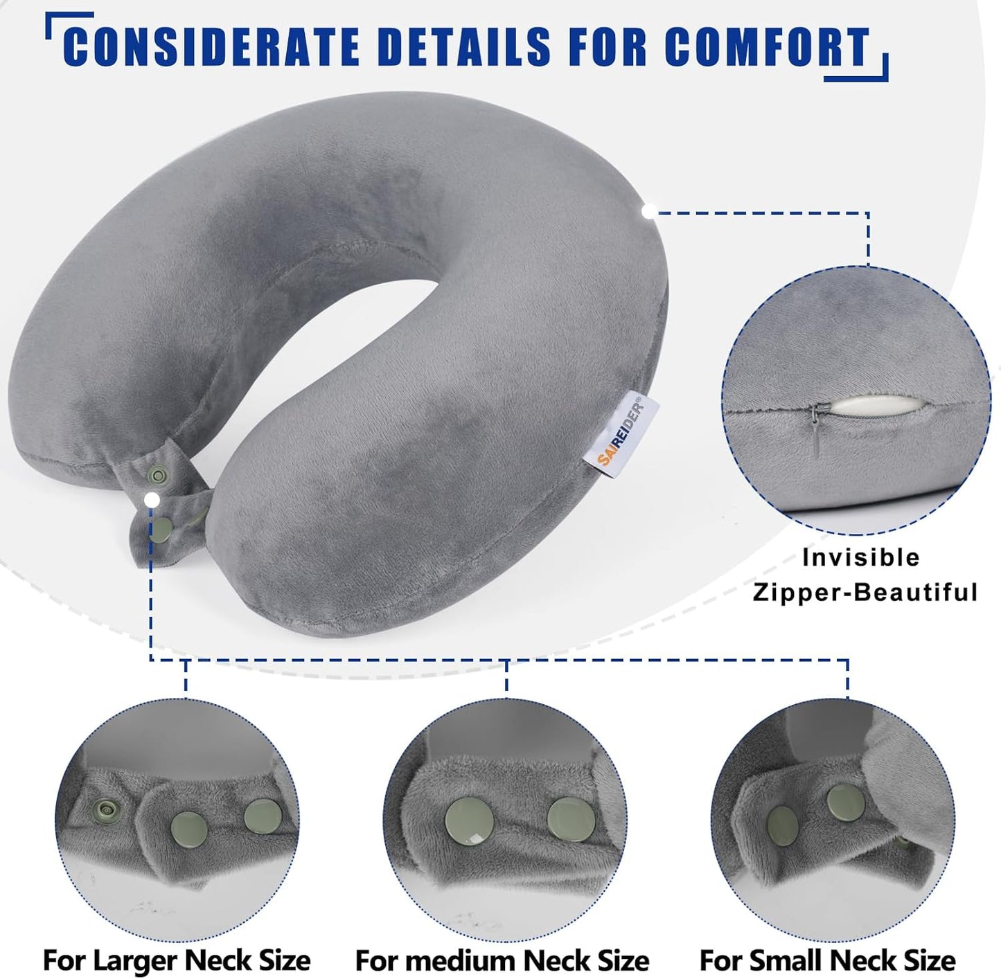Travel Pillows for Sleeping Airplane 100% Pure Memory Foam Neck Pillow for Airplanes Washable Cover(Grey)