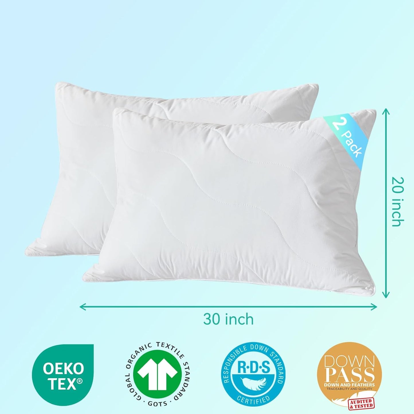 Queen Size Set of 2 White Goose Feather Down Pillows - 100% Cotton, Medium Firmness, Soft Support