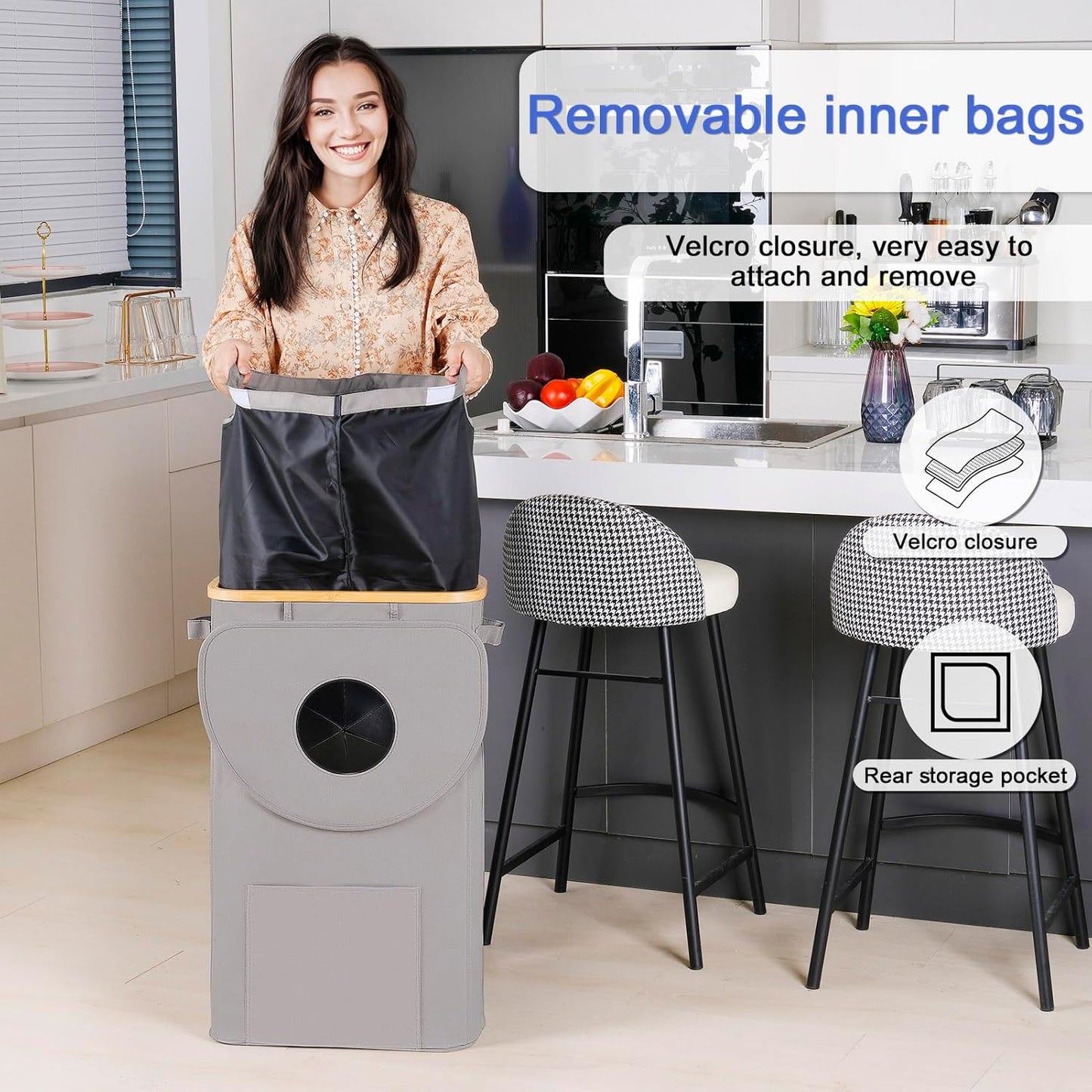 Recycling Bin for Kitchen 100L, 26 Gallon Recycle Bins for Indoor Outdoor Home Use with 2 Removeable and Reusable Inner Bags, Tall Recycle Bin for Bottle Can Plastice Stickers (Grey)
