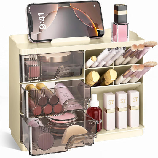 Makeup Organizer with Drawers, Multi-Function Vanity Organizer Countertop, Stackable Desk Organizer for Makeup Brush Lipstick Skincare Bathroom Vanity Organization and Storage, Ivory