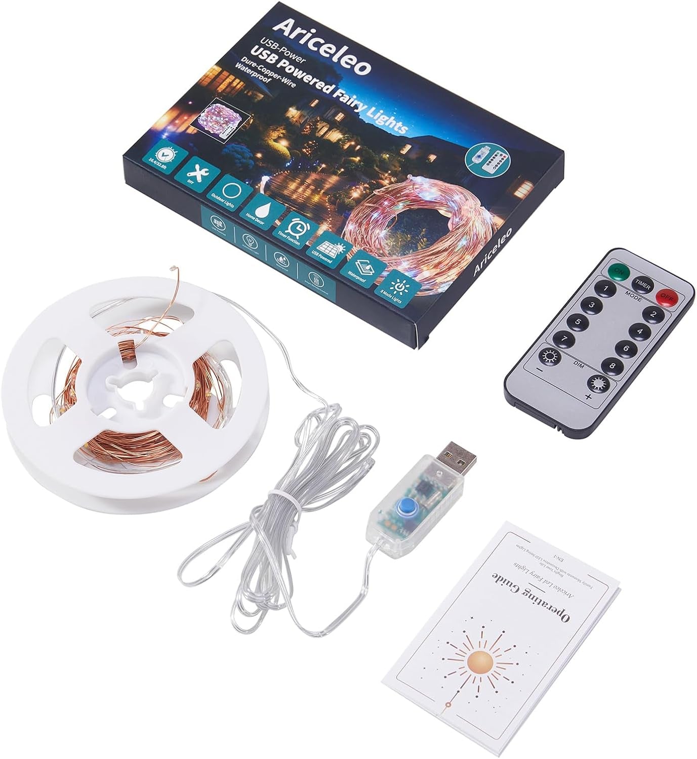 1 Pack 32. 8 Ft. USB Powered Fairy Lights with Remote & Timer, 100 LED USB Twinkle String Lights - Silver Wire, 8 Modes, Waterproof, Warm White Starry Lights for Party, Wedding, Christmas