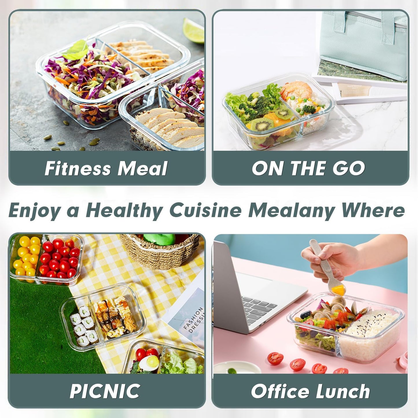 10-Pack 30 OZ Glass Meal Prep Containers with 2 Compartments, Airtight Lids, Microwave, Oven, Freezer, and Dishwasher Safe, Grey
