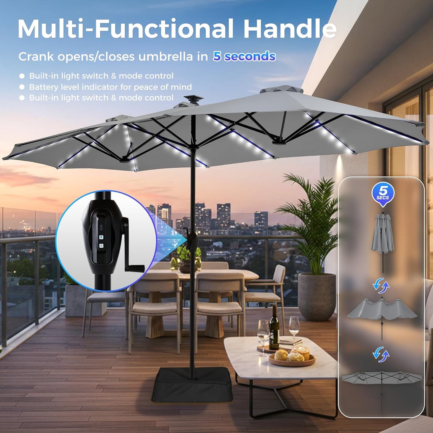 13-Foot Double-Sided Outdoor Patio Umbrella with Solar Lighting, Fade-Resistant Canopy, 12 Durable Ribs, for Deck, Pool, Porch, and Market Use
