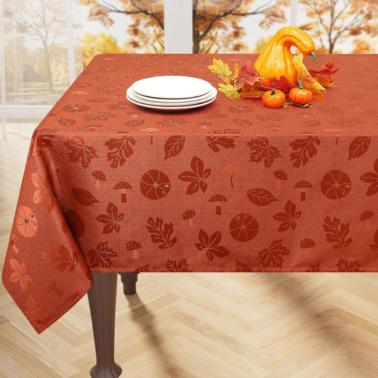 Rectangle Thanksgiving Tablecloth, Waterproof Jacquard Fall Table Cloth, Damask Cloth Table Cover for Harvest Decor (60" X 84", Rust Leaves Pattern)