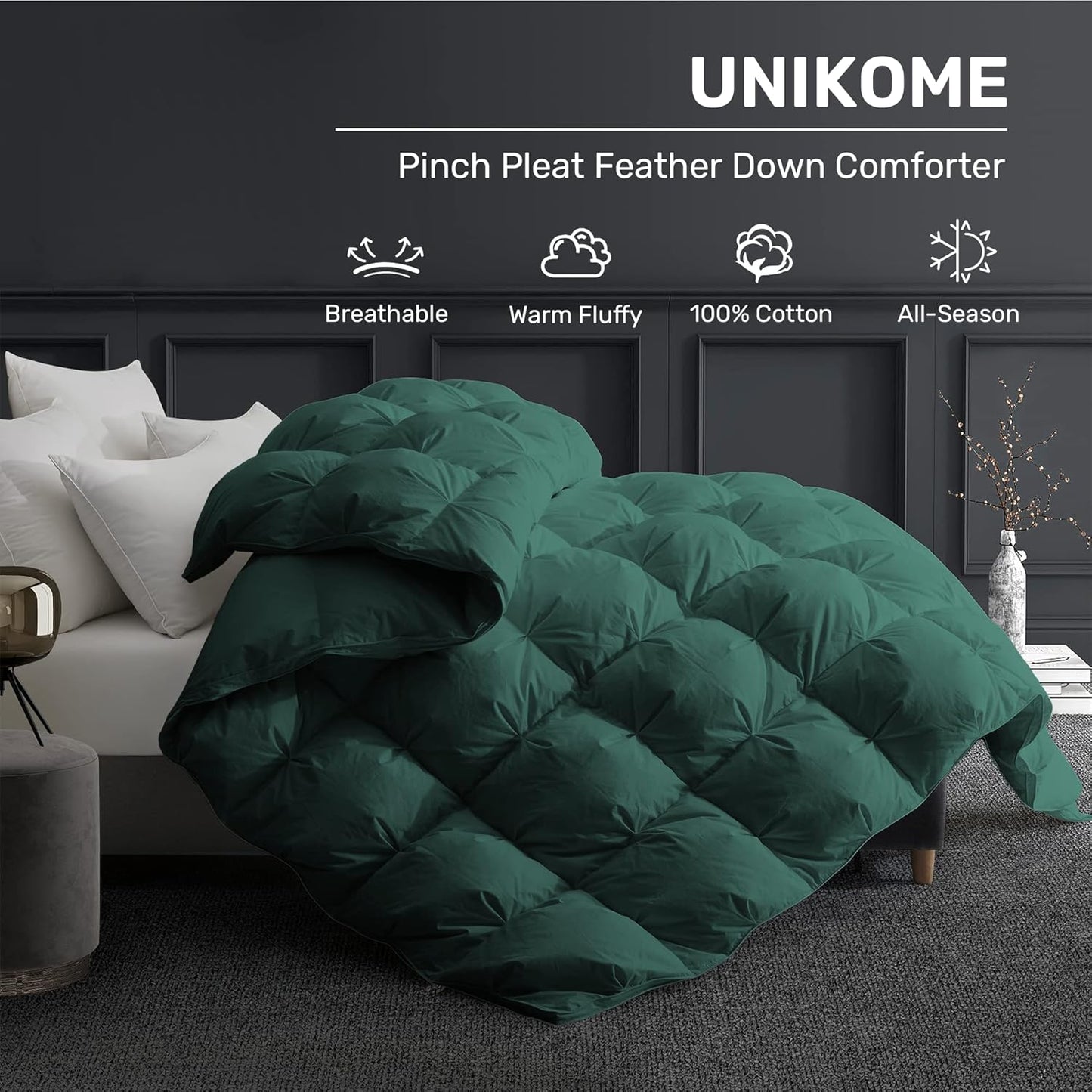 Pinch Pleat Goose Feather down Comforter - All Season Duvet Insert with 100% Cotton Cover, Cloud-Like Fluffiness, 20% Extra Fill (King, Green,106"X90")