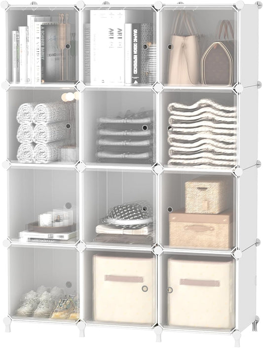 Cube Storage Closet Organizer 12 Cube Storage Shelves with Doors Closet Organizers and Storage Stackable Clothes Organizer for Bedroom, Home Office, White