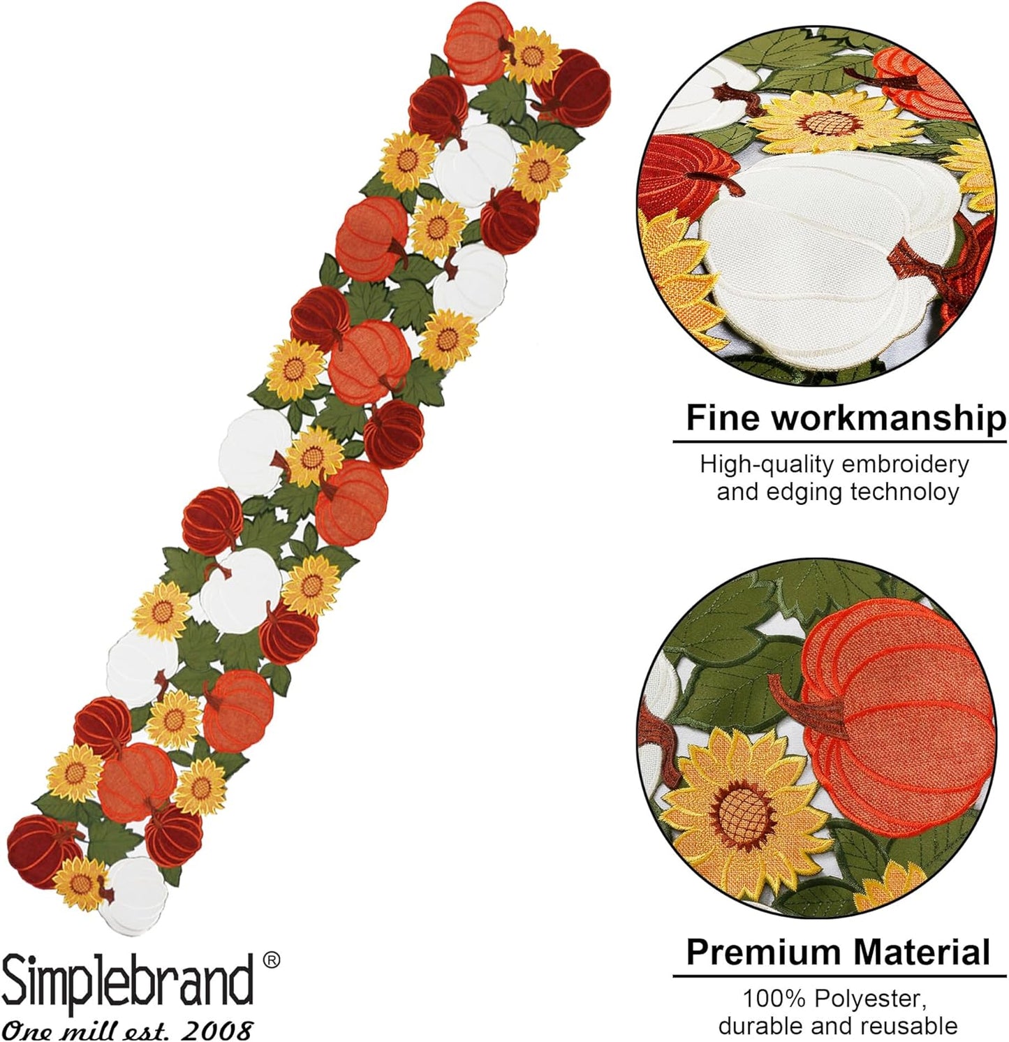 Thanksgiving Table Runner 70 Inches Long, Fall Table Runner Cutwork Applique Embroidered Pumpkin with Sunflower Dresser Scarf for Home Dining Holiday Autumn Halloween Decor, 13 X 70 Inch