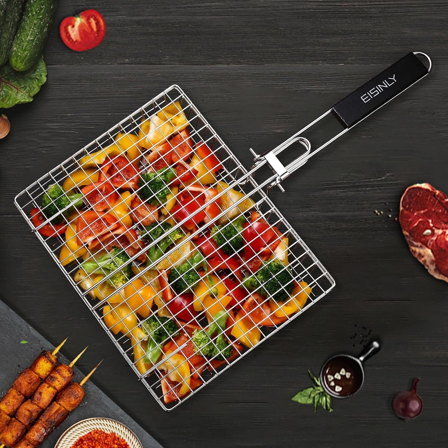 Portable Grill Basket, BBQ Grilling Basket for Outdoor Grill with Removable Handle, Stainless Steel Camping Cooking Grill Accessories for Chicken Fish Vegetable