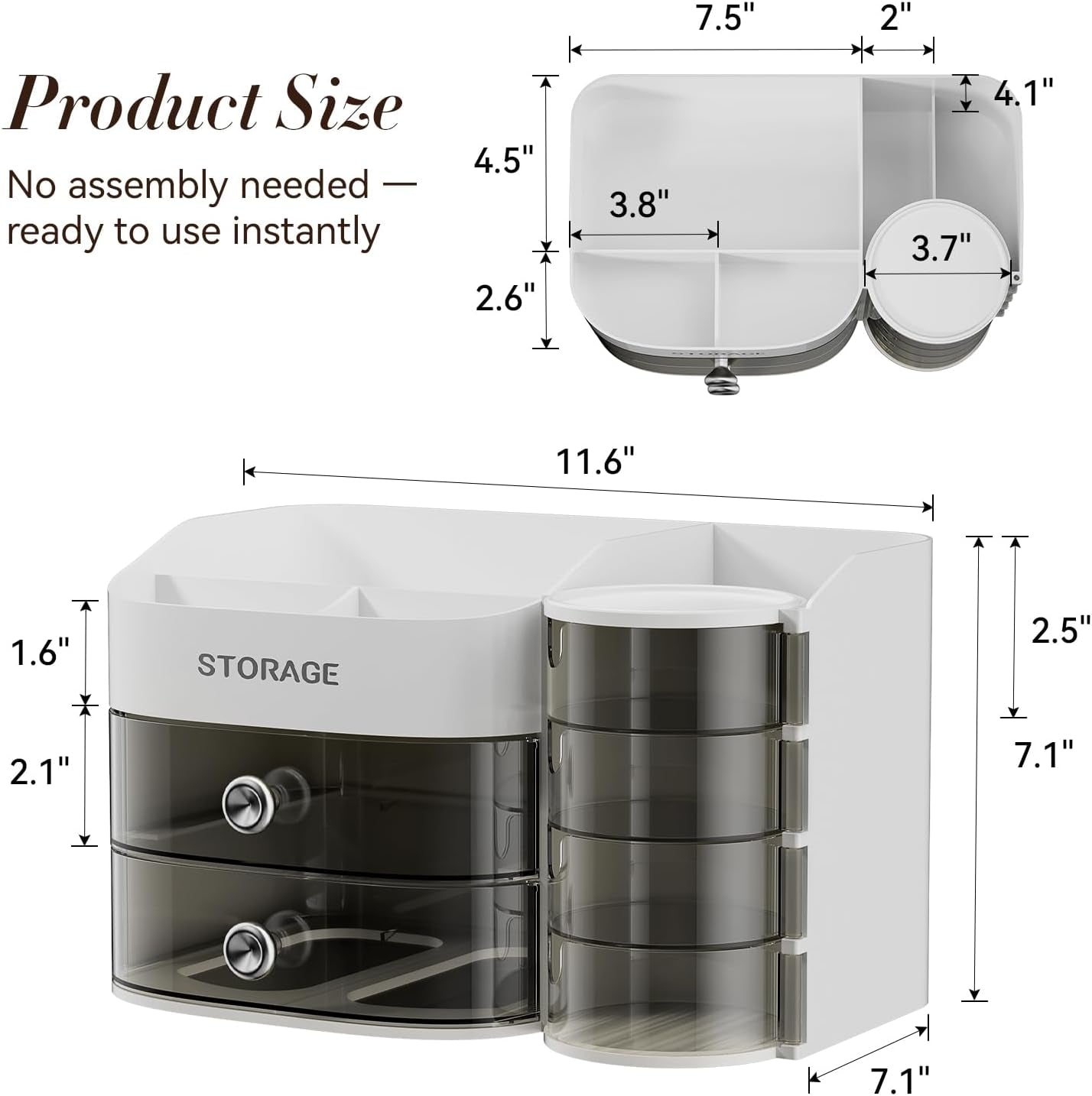 Makeup Organizer with Drawers, Cosmetic Storage for Dresser Bathroom Countertop, Include 4-Tier Rotating Jewelry Box for Brushes, Skincare, Perfume, Office, Earring, Jewelry Organizer, White