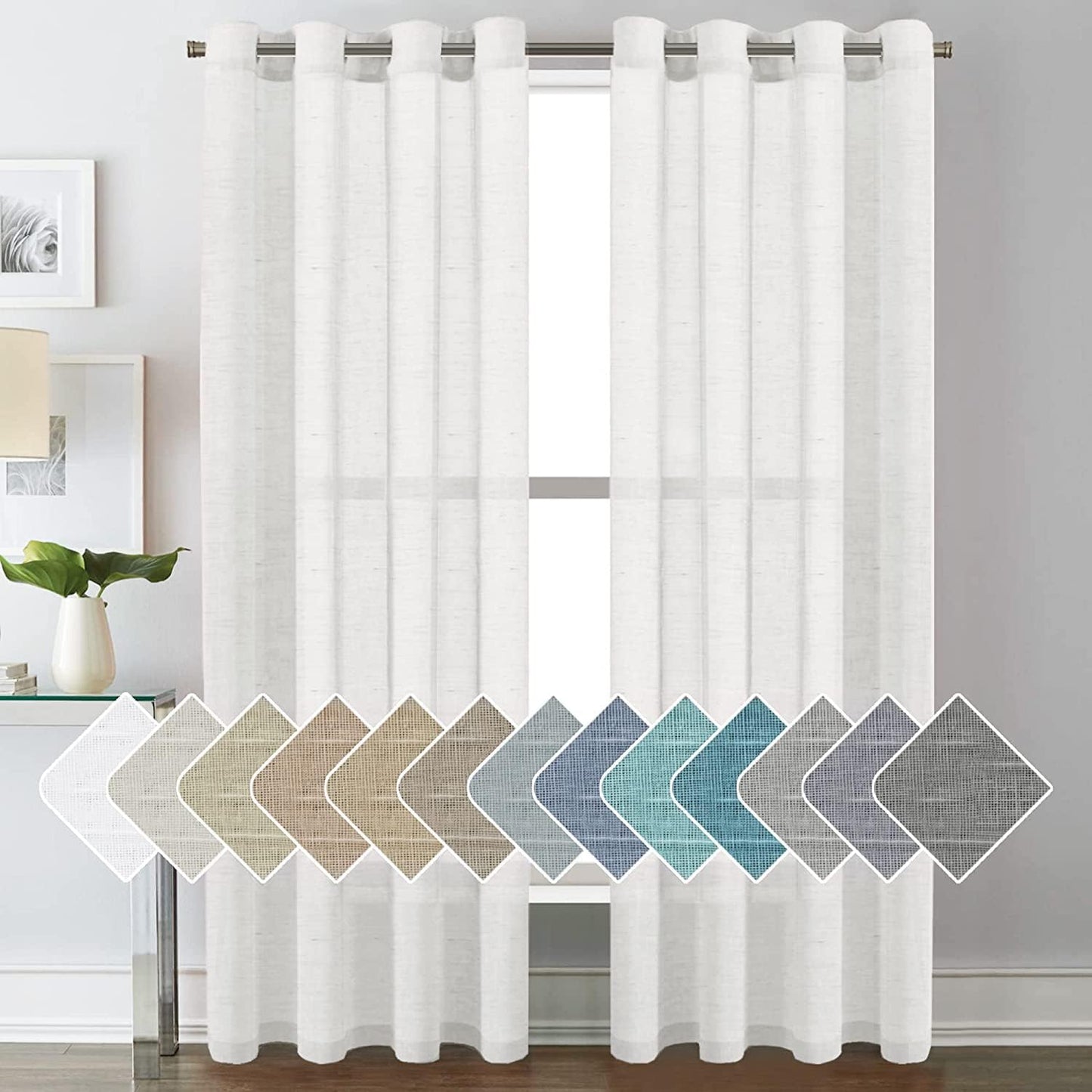 White Sheer Linen Curtains for Living Room 84 Inches Long Bedroom Curtains 2 Panel Sets Grommet Semi Sheer Elegant Soft Light Filter Window Treatments Curtain, White