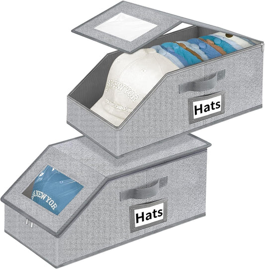 Hat Organizer for Baseball Caps - 2PCS Stackable Storage with Clear Lid, Drawer & Flip-Top Access, Space-Saving Hat Box for Closet, Breathable Fabric, Grey (Grey)