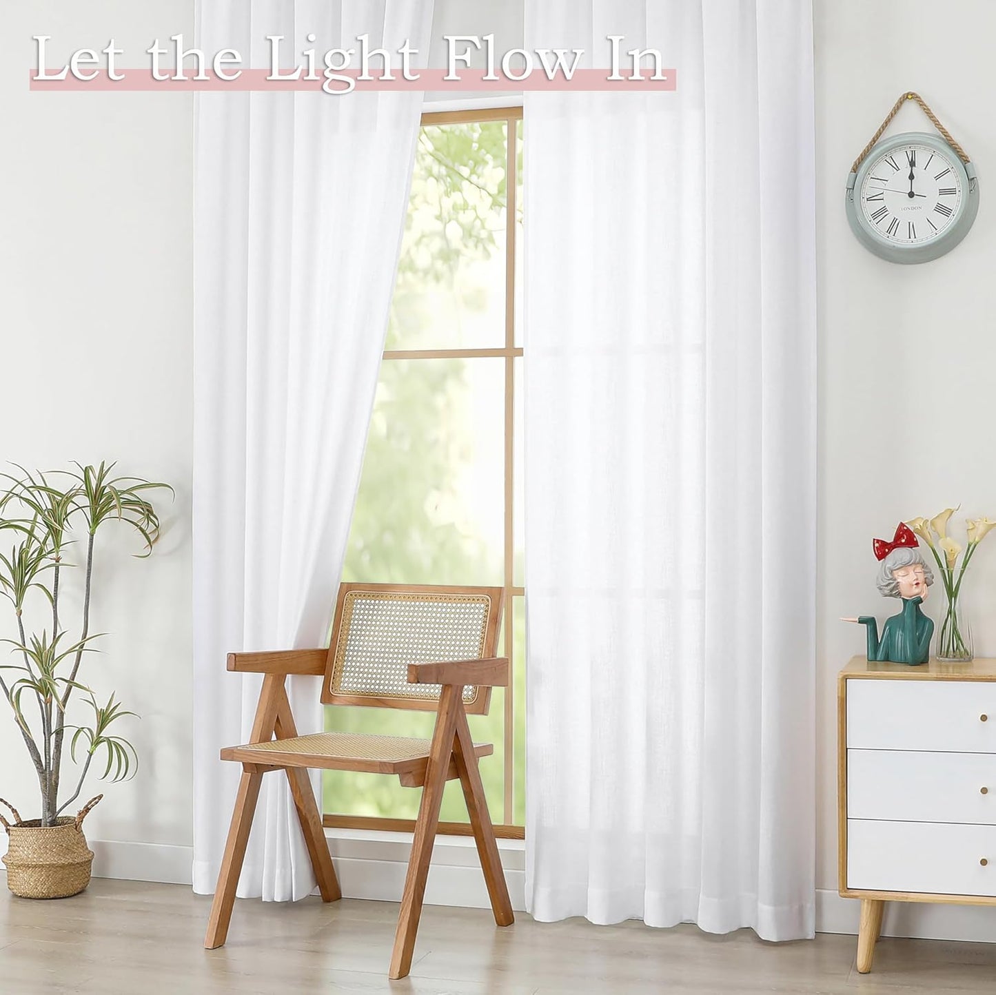 White Short Faux Linen Textured Cafe Kitchen Curtains 36 Inch Length 2 Panels, over Sink Semi Sheer Farmhouse Light Filtering Panels Rod Pocket Drapes for Bathroom Window, 40 X 36 Inch