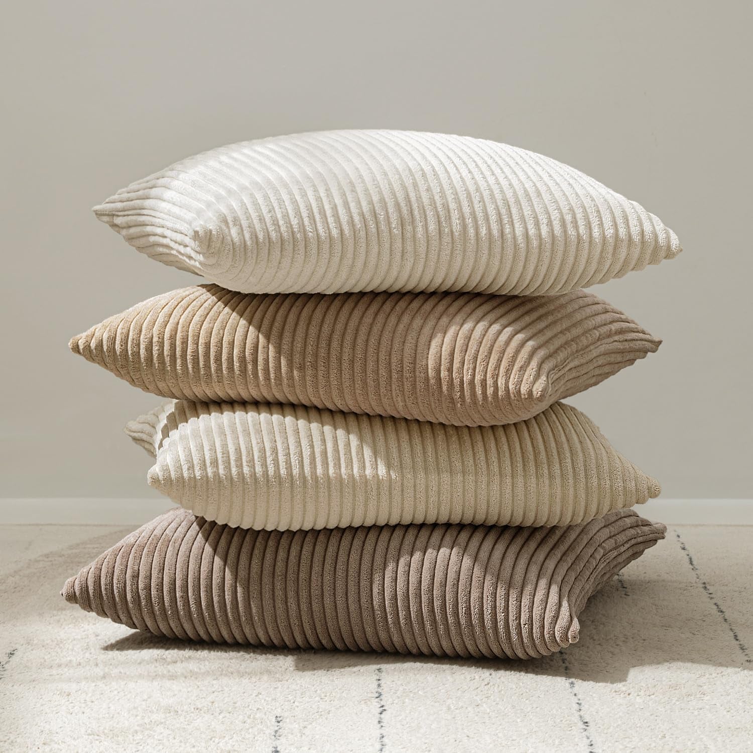 Set of 2 Cream White Corduroy Pillow Covers - Soft Decorative Square Cushion Cases for Sofa, Bedroom, and Car (18 x 18 Inches / 45 x 45 cm)