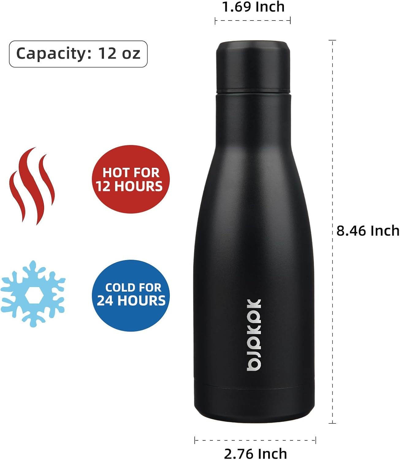 12Oz Water Bottles Stainless Steel Double Wall Vacuum Insulated Small Water Bottles for Travel,Midnight Black