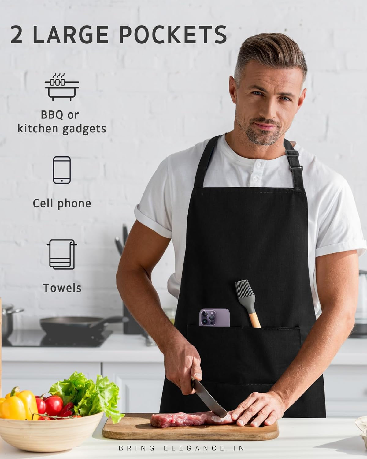 Chef Apron for Men Women Kitchen Cooking Apron with Pockets, Adjustable Bib Aprons Stain Resistant, 1 Pack