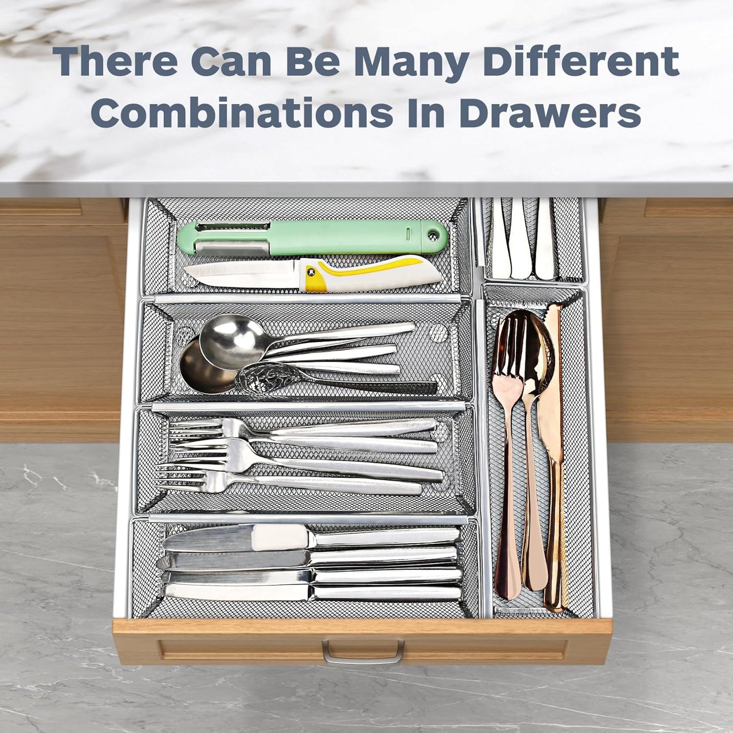 Silverware Drawer Organizer Set, 6-Piece Cutlery and Utensil Organizer with Interlocking Arm, Grey (9.6 x 3 x 2 Inches)