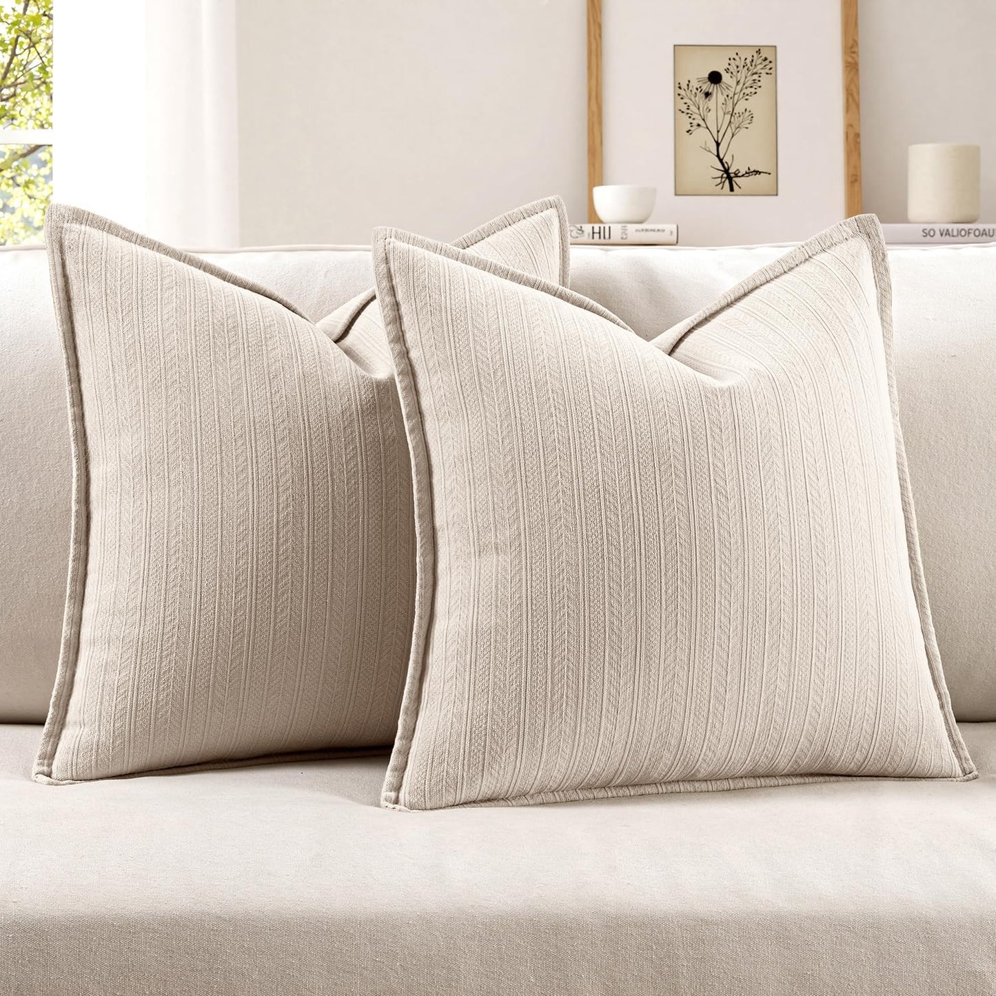 Set of 2 Chenille Decorative Couch Pillow Covers 20x20 Inches in Beige - Elegant Farmhouse Cushion Cases for Home Decor, Sofa, Bedroom, and Living Room