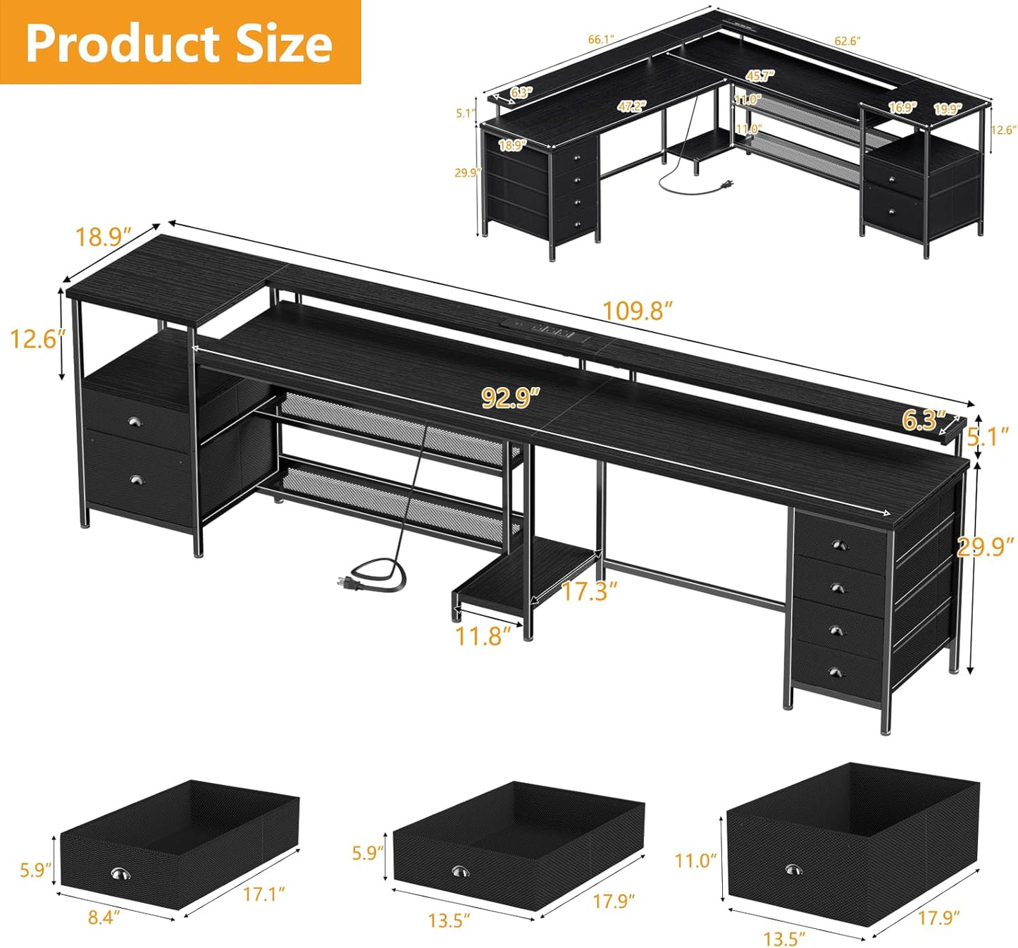 110 Inch 2 Person Desk, Long Two Person Gaming Desk with 6 Drawers & Storage Shelves, 66 Inch L-Shaped Desk with Power Outlets, LED Lights, Corner Table for Home Office, Black