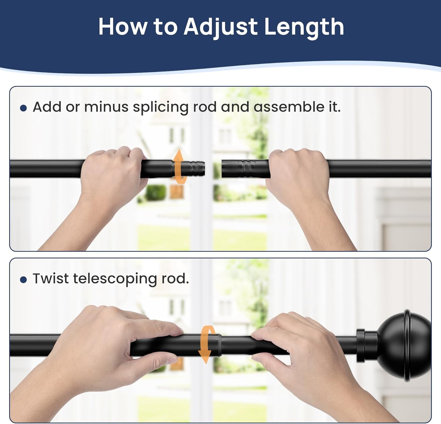 2 Pack No Drill Curtain Rods for Window 28 to 48 Inches, 5/8 Inch Diameter Renter Friendly Drapery Rod with Adhesive Brackets without Drilling, Adjustable from 27 to 52 Inches, Black